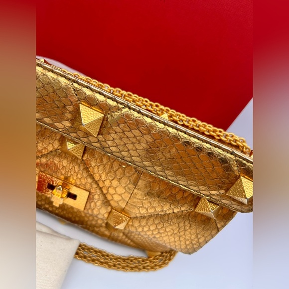 Valentino Roman Stud metallic gold python leather Bag Large Full Set - Picture 3 of 16